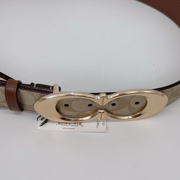 Coach CA253 Signature Double C Buckle Belt 38 mm wide coated canvas Leather M - Picture 3 of 8